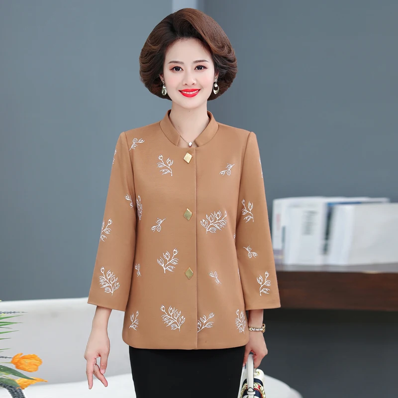 Green Khaki Red Floral Blazer Women Autumn Spring Elegant Jacket Suit Mature Woman Round Collar Cropped Sleeve Blazers Plus Size