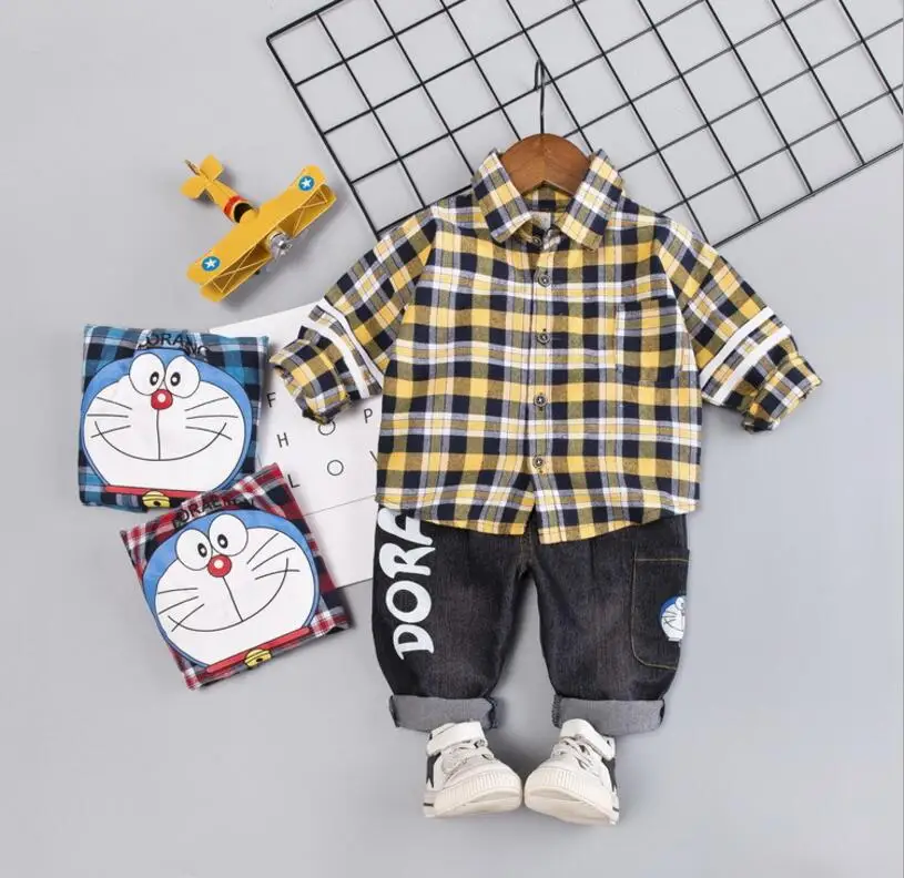 Boys'Dress/новая стильная детская одежда на весну и осень детский костюм рубашка в клетку с рукавами с рисунком снов костюм из двух предметов - Цвет: 1