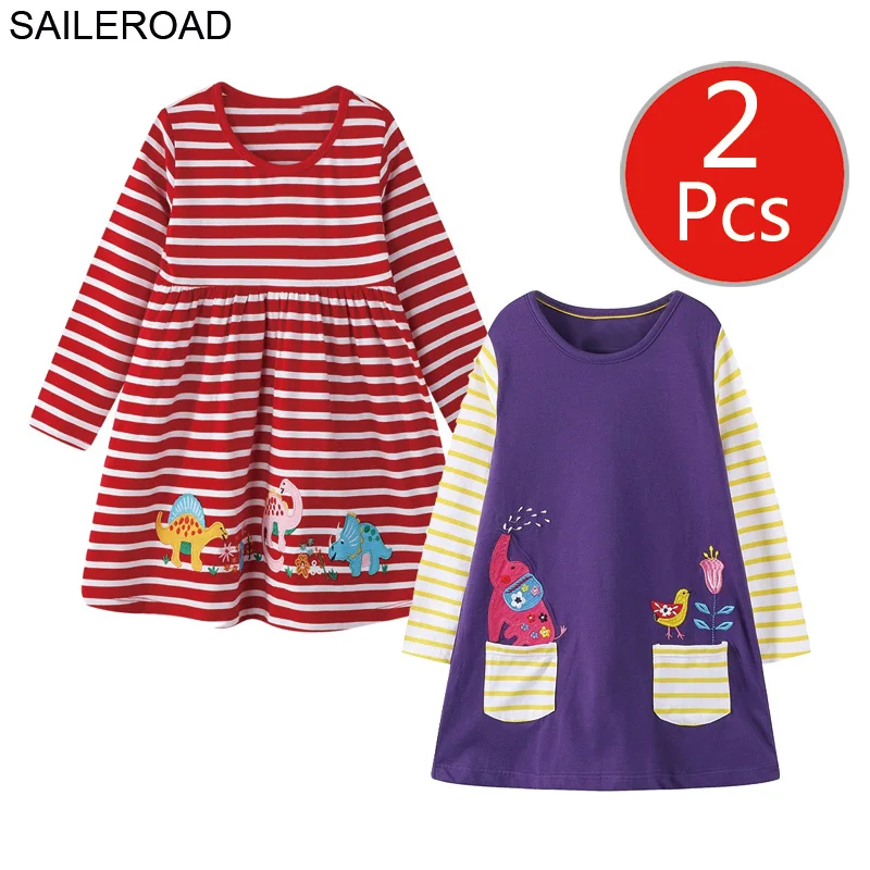 7004 7776 photo SAILEROAD 2 шт. Слон Аппликации Девушки С Длинным Рукавом Платье для 7 лет Одежда Для Девочек Животные Платья для Детей 6 Лет Вышивка - Цвет: 7004 7776 photo