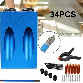 

34PCS 15 Degree Pocket Hole Jig Step Drill Bits Kit Woodworking Carpentry Tool Oblique Hole Locator Angle Drilling Holes Guide