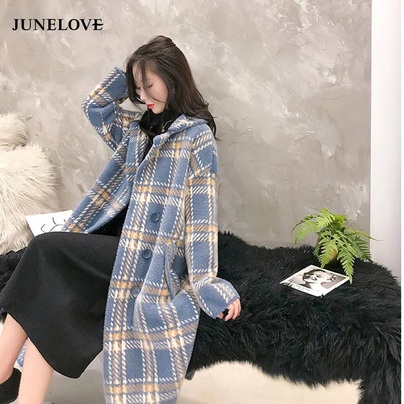 JuneLove autumn elegant plaid women fashion woolen coats ladies casual turn-down collar coats vintage Loose female warm outwears