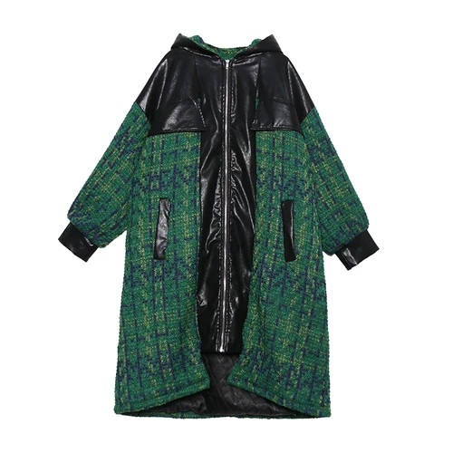 green DMY1442 XITAO клетчатое прямое женское Модное Новое зимнее элегантное пальто с капюшоном и длинным рукавом с карманами в стиле пэчворк DMY1442 - Цвет: green DMY1442