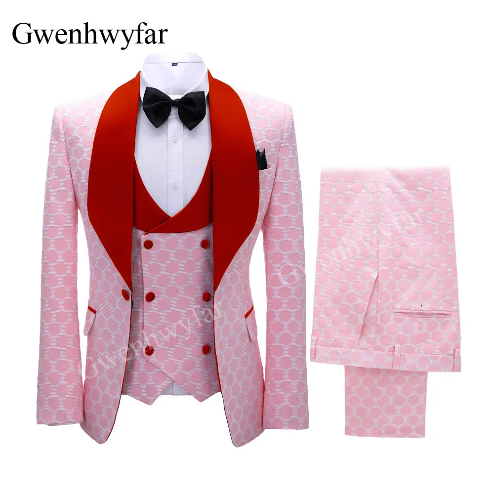 Gwenhwyfar New Polka Dot Suit for Men Made Shawl Lapel Blazer Vest with Pants Fashion Wedding Tuxedos Groomsmen Wear mens suit