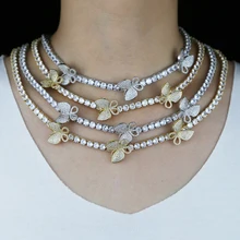 2021 Nieuwe Iced Out Bling Vrouwen Sieraden Zilver Roze Kleur 5A Zirconia 5Mm Cz Tennis Ketting Vlinder Charme choker Ketting(China)