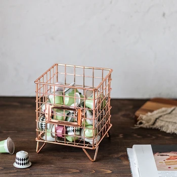 

Decoration and storage integration Nordic rose gold iron mesh square storage basket simple four-legged design plastic bag coffee