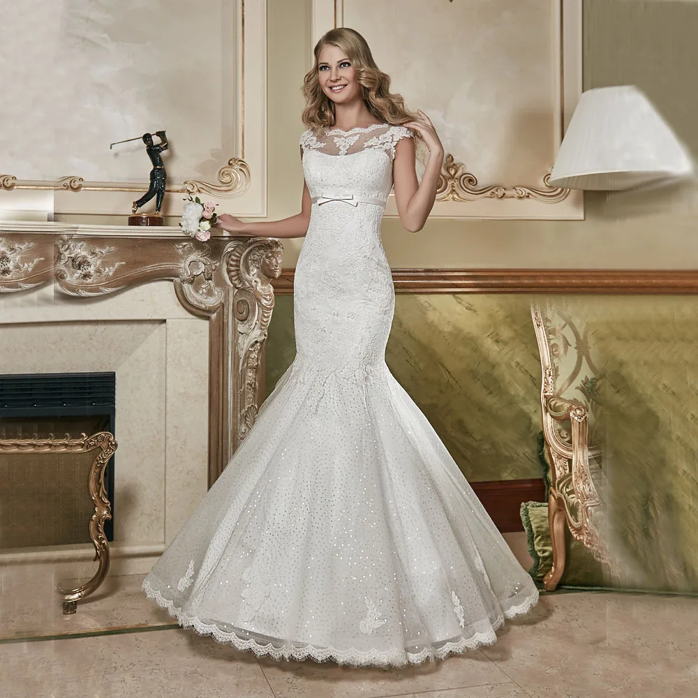 

2018 Cap Sleeve Appliqued vestido de noiva robe de mariage Lace appliques Bridal gown Mermaid mother of the bride dresses