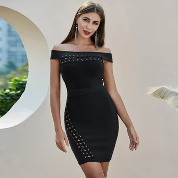 

Summer Style Sexy Off Shoulder Hollow Out Black Bodycon Lady Bandage Dress 2020 Designer Fashion Party Dress Vestido
