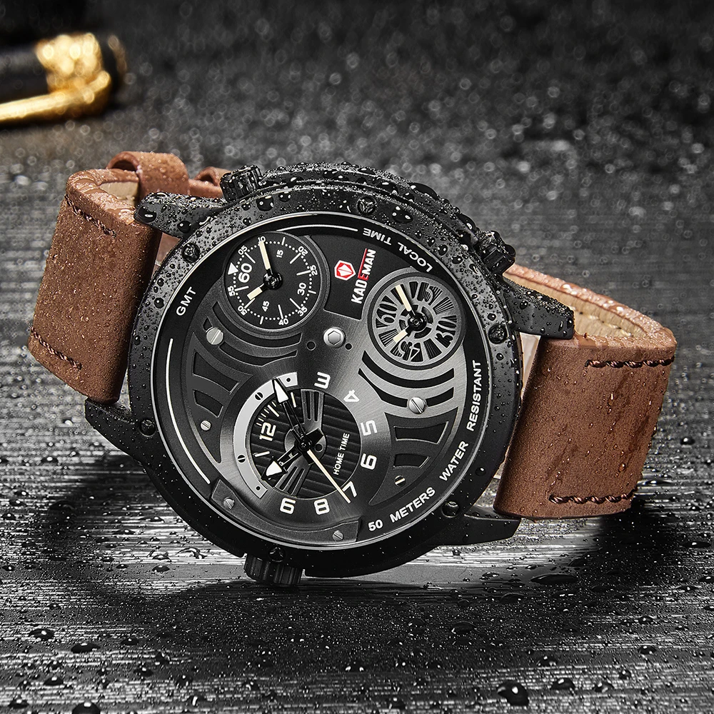 

KADEMAN brand new men's watch relogio masculino big dial three time zone leather strap waterproof trend casual quartz watch mens
