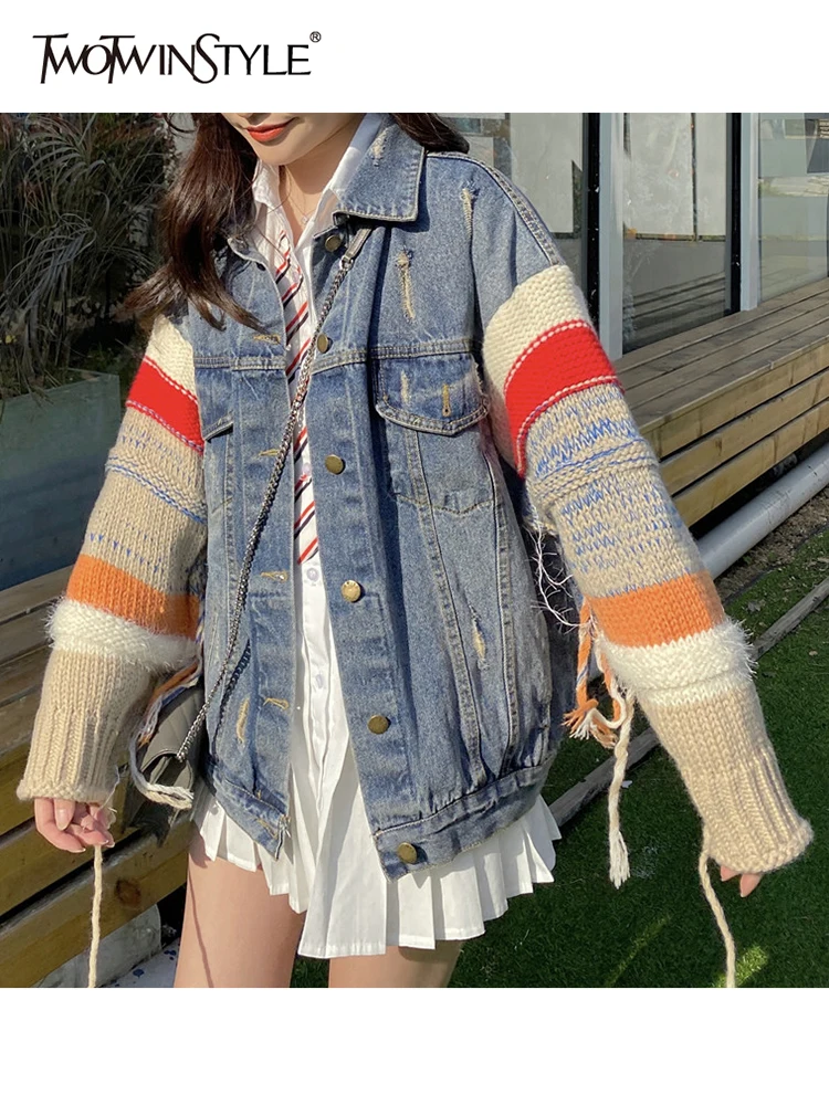 TWOTWINSTYLE Colorblock Patchwork Knitted Tassel Jackets For Women
