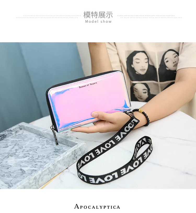 New Lanyard Laser Holographic Wallet Women Long Purse Female Clutch Bag Women Wallets Purses Zip Phone Pocket