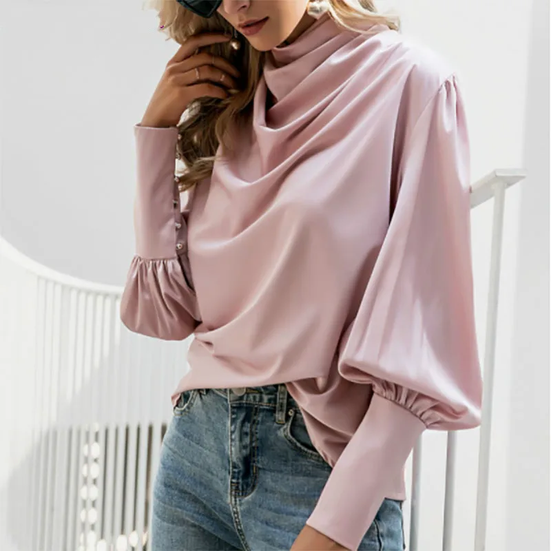 Women Shirts Autumn Lantern Long Sleeve Vintage Turtleneck Pleated Luxury Shirt Pink Satin Elegant Office Ladies Party Shirts