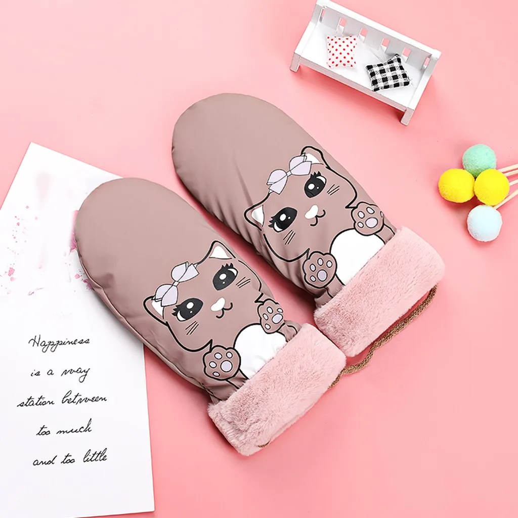 Женские бархатные рукавички с героями мультфильмов, модные перчатки для катания на лыжах, водонепроницаемые ветрозащитные зимние перчатки из полиэстера, женские милые перчатки