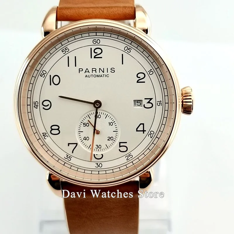 

Men's Watch Parnis 42mm Top Brand Mechanical Man Watch Rose Gold Watch Case White Dial Date Leather Automatic Male Watch