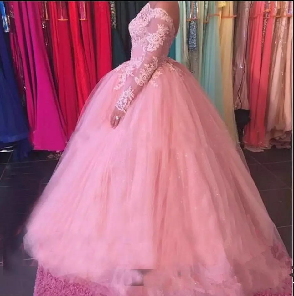 Розовый На заказ Vestidos de 15 anos, Длинные бальные платья из тюля с кружевной аппликацией розовое вечернее платье с рукавами г. Платье для девочек - Цвет: Розовый