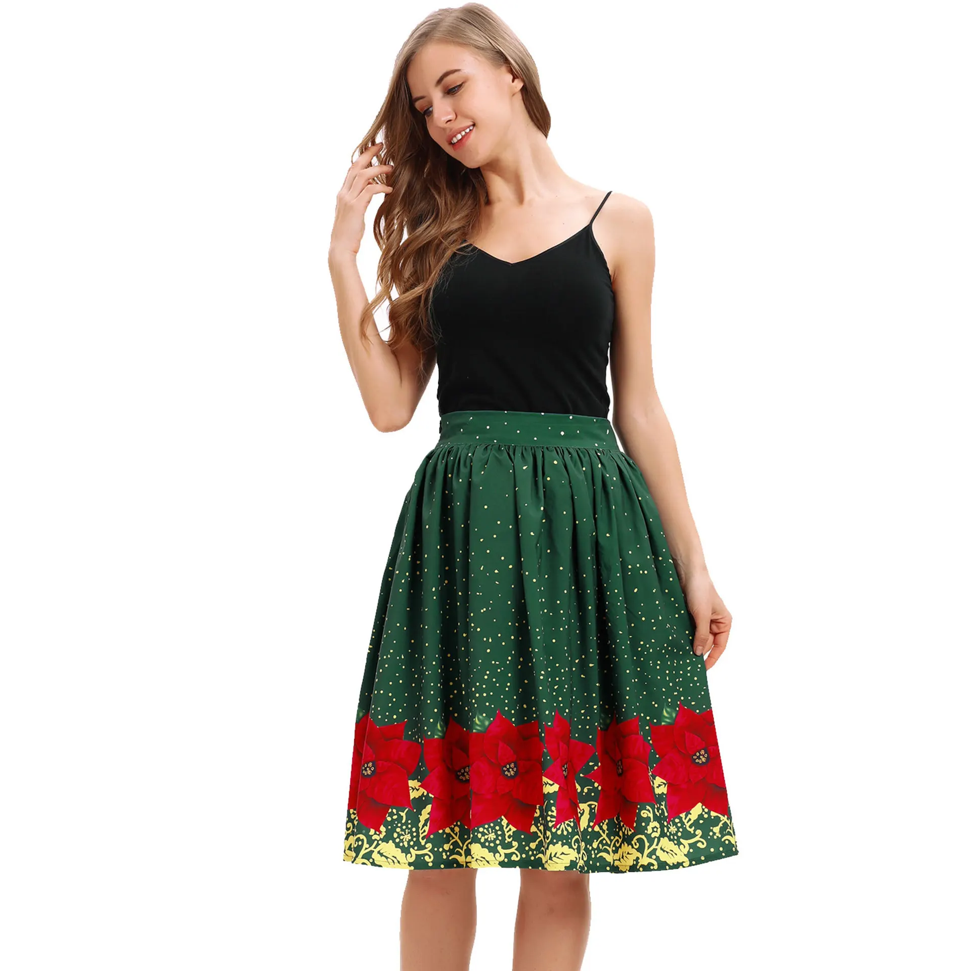 Осенне-зимняя Европейская Рождественская юбка-пончо с цифровым принтом и высокой талией средней длины
