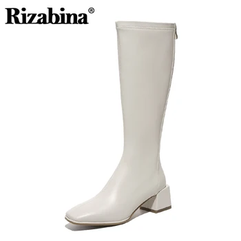 

Rizabina Women Knee High Boots Square Toe Zipper Thick Heel Solid Color Winter Outdoor Ridding Boots Ladies Footwear Size 34-39