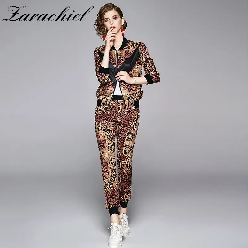 Spring Fashion Runway Bomber Jacket Pants Suits Women's Leopard Print Zipper Coat+Elastic Waist Pant Set 2 Two Piece | Женская