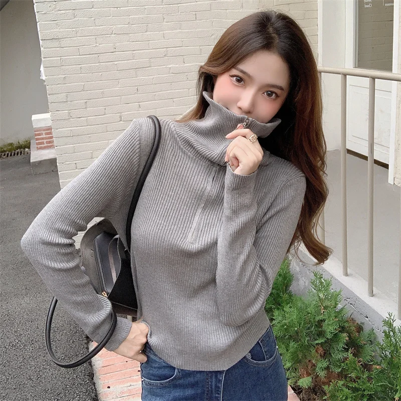 

Zip Turtle Neck Sweater Winter Clothes 2021 Women Korean Style Slim Warm Knitted Pullover Outwear Female Jumpers Sweaters