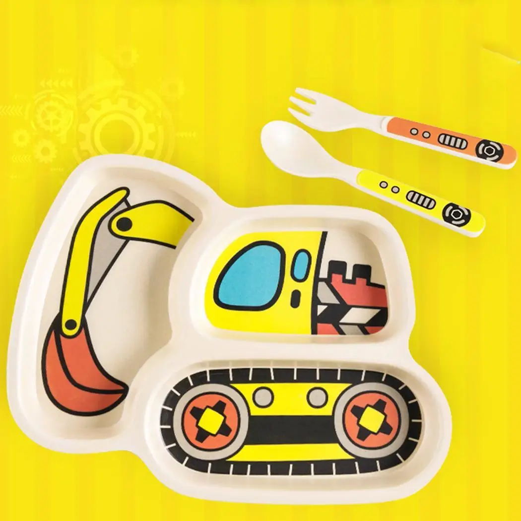 Creative 4 Style Kids Home Kitchen Safe Bamboo Fiber Resin Food Plate Spoon Fork Kit Tableware