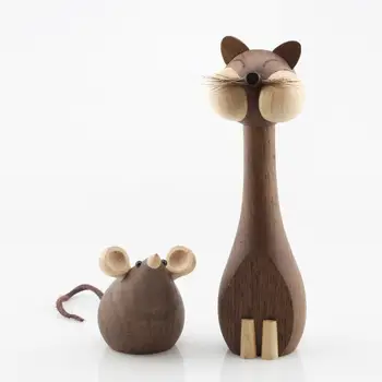 

Creative Wooden Cat and Mouse Figurines Dolls New Lovely Wood Animal Figures Walnut Ornaments For Modern Luxury Home Decoration