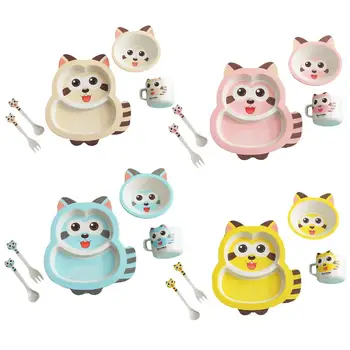 

Baby Tableware Set Natural Bamboo Fiber Children's Bowl And Plate Creative Cartoon Grid Plate Baby Five-piece Gift Tableware