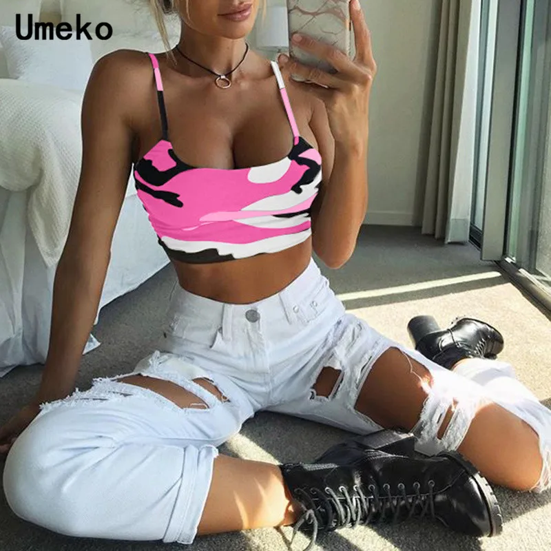 Umeko, летняя женская одежда для активного отдыха, камуфляжный принт, майка, топики на тонких бретелях, сексуальный укороченный топ, Женская Облегающая майка, Feminina Gilet