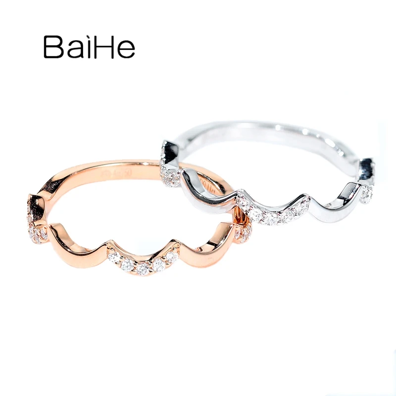 

BAIHE Solid 14K White/Yellow/Rose Gold 0.11ct H/SI Natural Diamond Wavy Ring Women Men Fine Jewelry Making Anillo ondulado