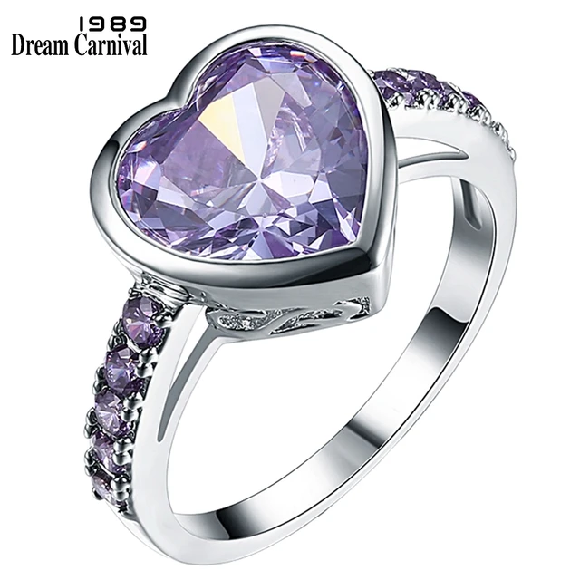 DreamCarnival 1989 Women Lover Heart Zircon Solitaire Rings 4 Colors 11mm Wedding Engagement Party Jewelry Amazing Price WA11316 Purple Blue