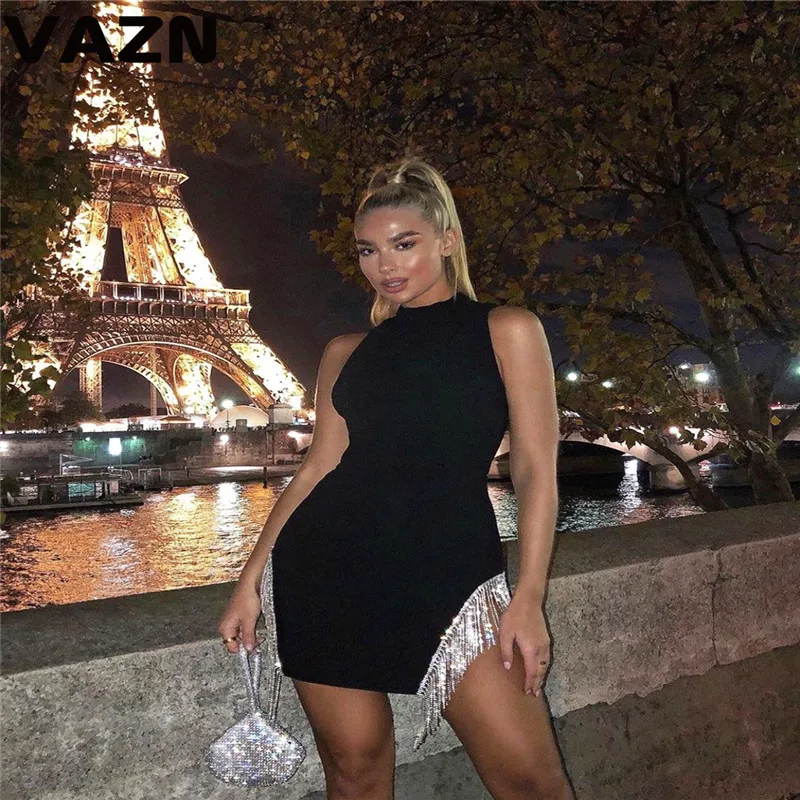 VAZN Новое поступление, весеннее поступление, черные повседневные пикантные женские облегающие мини-платья, рубашка с круглым вырезом, уличное прямое платье