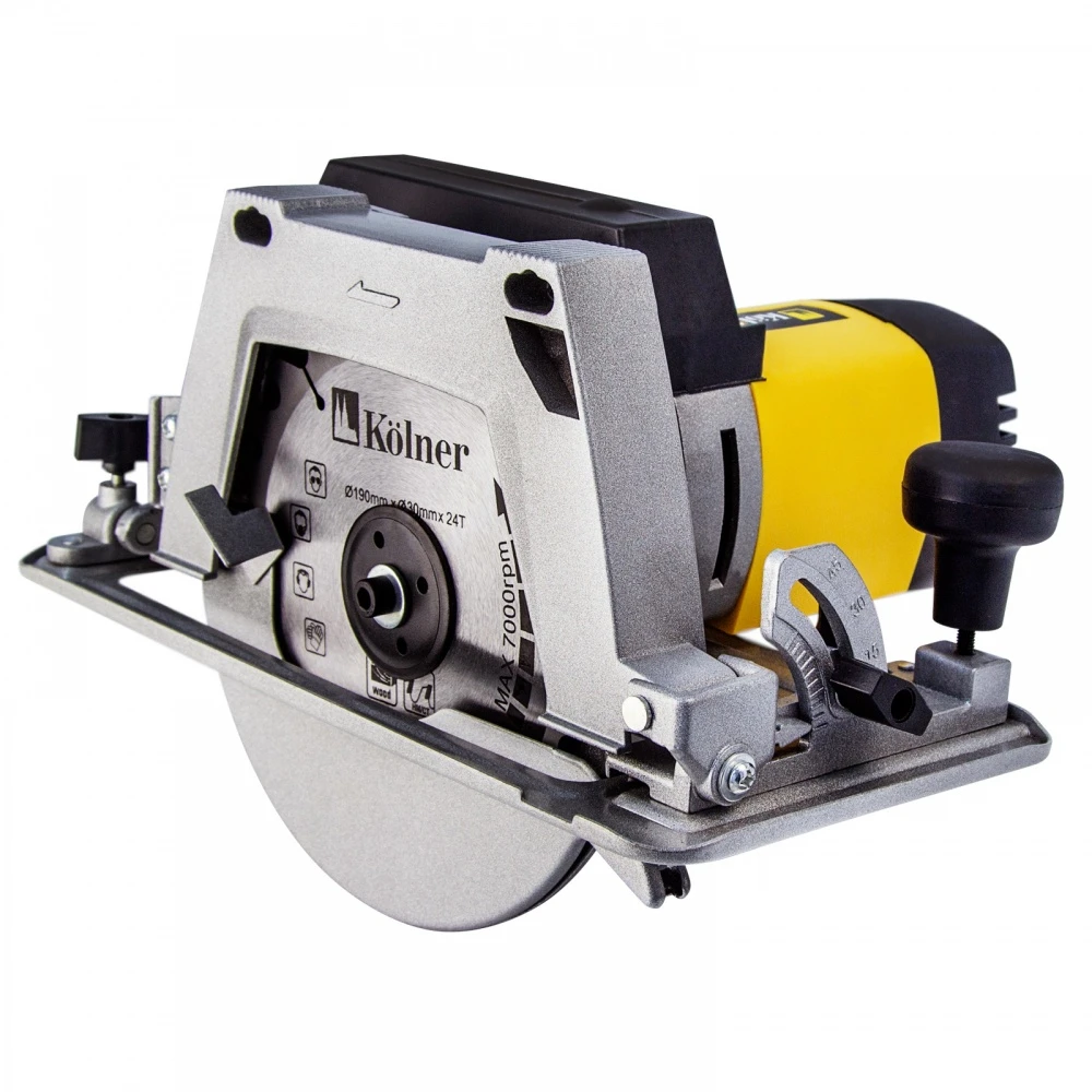 Пила циркулярная Kolner KCS 190/1900T (Диск 190 мм, возможность стационарной установки, регулировка угла и глубины пропила, мощность 1900 Вт, 6000 об/мин)
