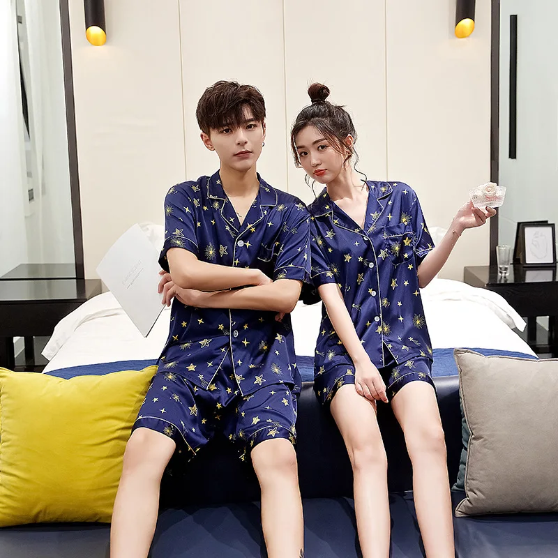 

Blue Couple Printing Pajamas Set Short Sleeve Lovers' 2PCS Sleepwear Nightwear Summer Men&Women Shirt&Shorts Casual Home Clothes