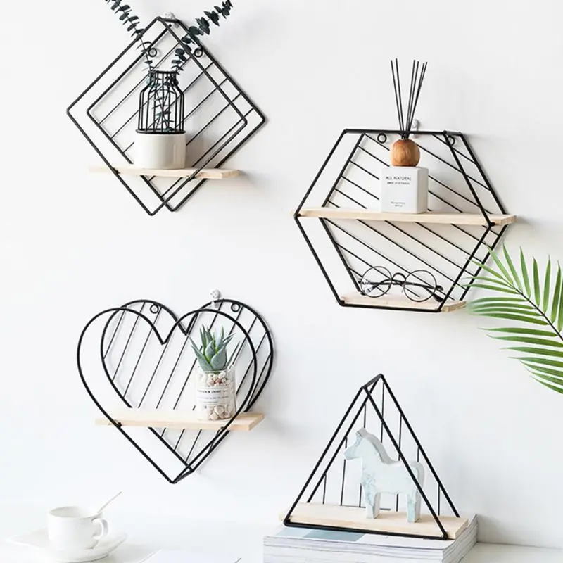 

Wall Mounted Storage Racks Modern Simple Geometry Wood Metal Wire Shelves Display Decoration for Bedroom Living Room Office