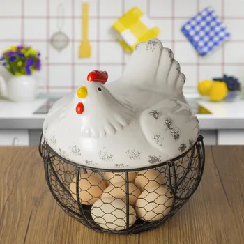

Creative Hand-Painted Household Ceramic Egg Basket Fruit And Vegetable Debris Basket Kitchen Iron Storage Basket Hen Decoration