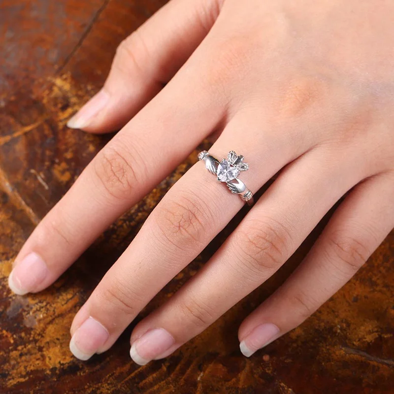Милый Романтический белый Claddagh кольцо серебряного цвета Кристальный, сердце, кольцо винтажные Свадебные обручальные кольца для женщин