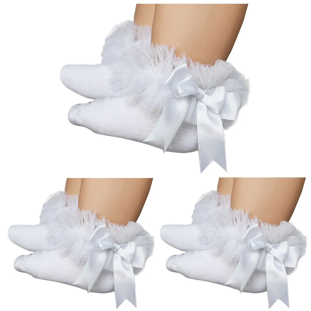 Winter Autumn New Baby Socks Cute Lace Flower Kids Baby Toddler Girls Bowknot 3PCS Cotton Lace Princess Anti-slip Ankle Socks