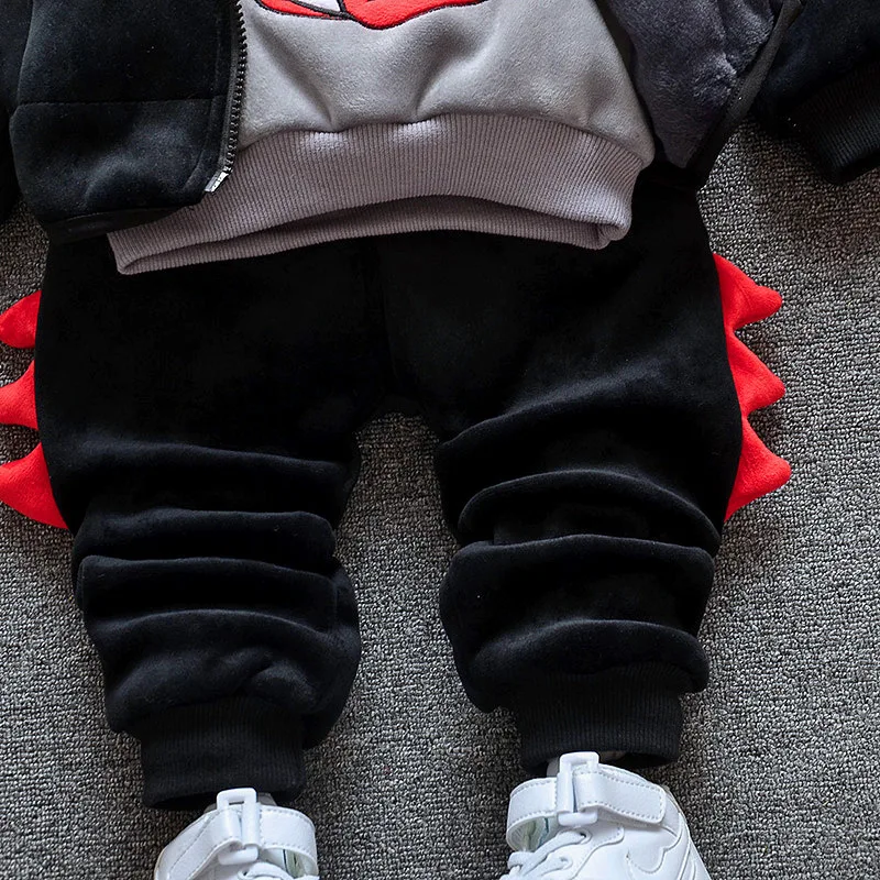 Children Plus Velvet Thickening Clothes Suit Winter Baby Boy Girl Cartoon Dinosaur Vest T Shirt Pants 3 Pcs/set Kids Tracksuits