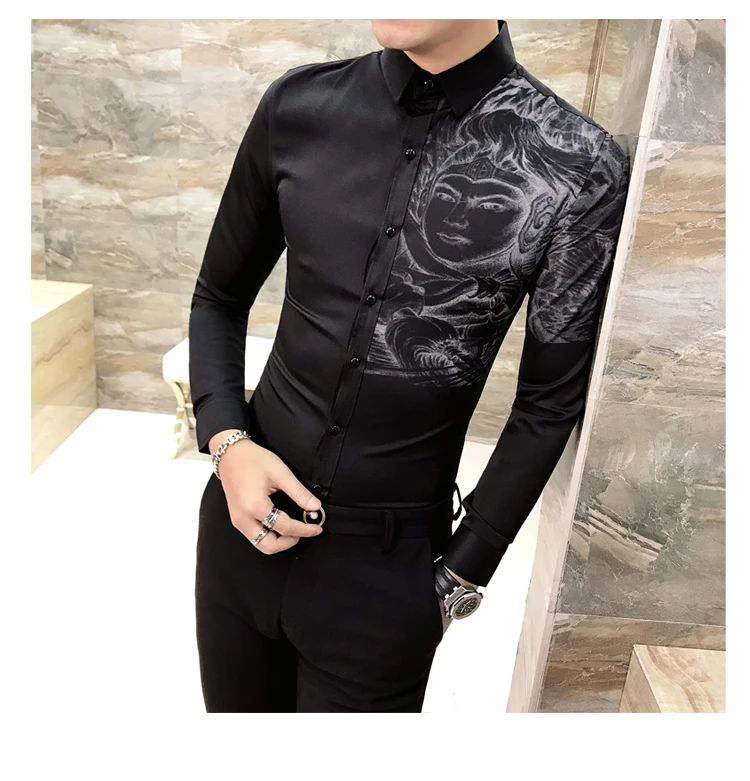 Платье рубашка Корейская одежда мужская рубашка camisa social Повседневная приталенная мужская с принтом вечерние рубашки для клуба Camisa Masculina