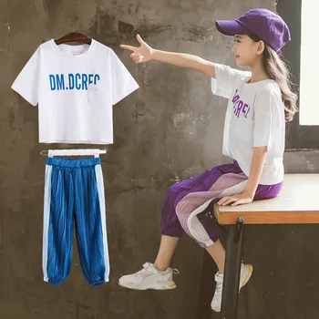 

Summer Girls Clothes Suit Letter T-shirt Fight Color Pants 2PC / Set Complete Suit Children's Suit Cotton Girls 3-13 Year
