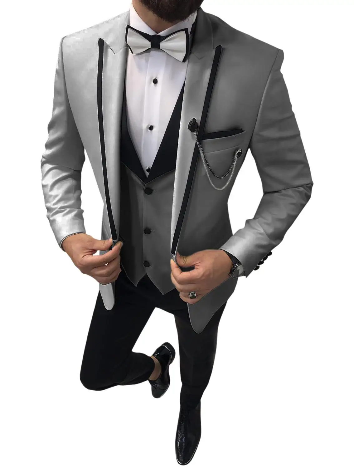 silver grey Мужские костюмы из 3 предметов, облегающие повседневные деловые мужские смокинги с лацканами серого и зеленого цвета и цвета слоновой кости для торжественных свадеб(Блейзер+ брюки+ жилет - Цвет: silver grey