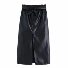 Женская черная юбка с галстуком-бабочкой из искусственной кожи, эластичная юбка с высокой талией, элегантные женские офисные юбки миди с разрезом спереди и пуговицами, юбка из искусственной кожи