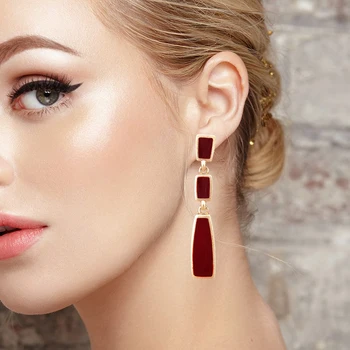 

European Retro Classic Wine red Color Geometric Square Drip Earring for Women Wild Chic Long Enamel Earrings Wedding Jewelry