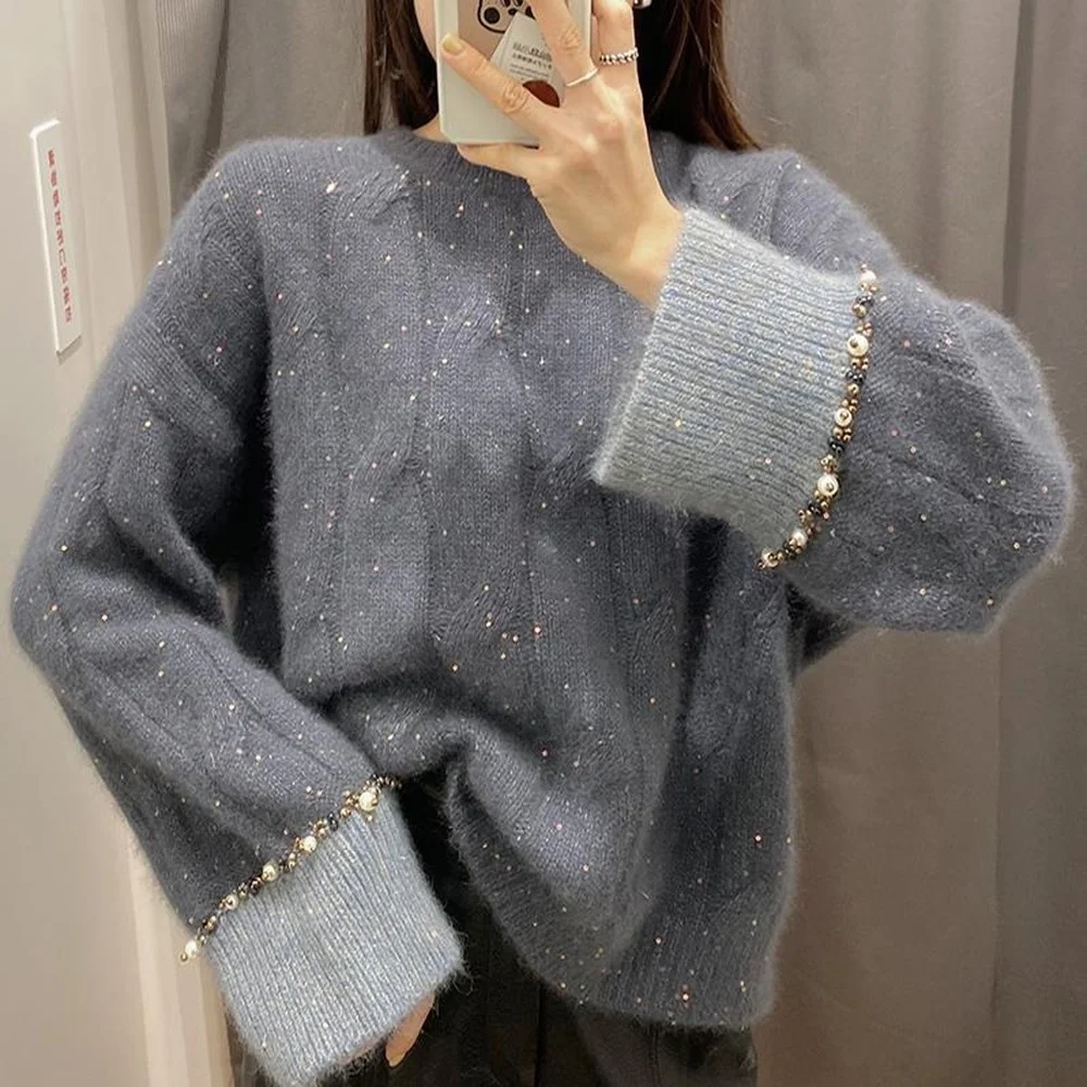 

Knitted Pullover Temperament Ladies Heavy Industry Beaded Soft Waxy Sweater Jacket Commuter Ladies Sweet Wind Autumn Winter New