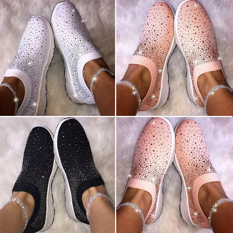 

2019 High Quality High End Fashion Women's Flying Woven Sneakers Casual Slip On Shiny Crystal Sport Shoes Female Solid Color