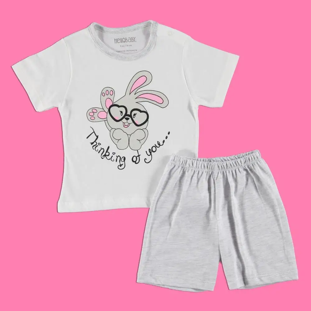 Черный Ebebek HelloBaby/пижамный комплект с короткими рукавами и круглым вырезом; Летняя Повседневная хлопковая одежда с короткими рукавами и принтом; повседневная одежда для малышей; шорты - Цвет: Черный