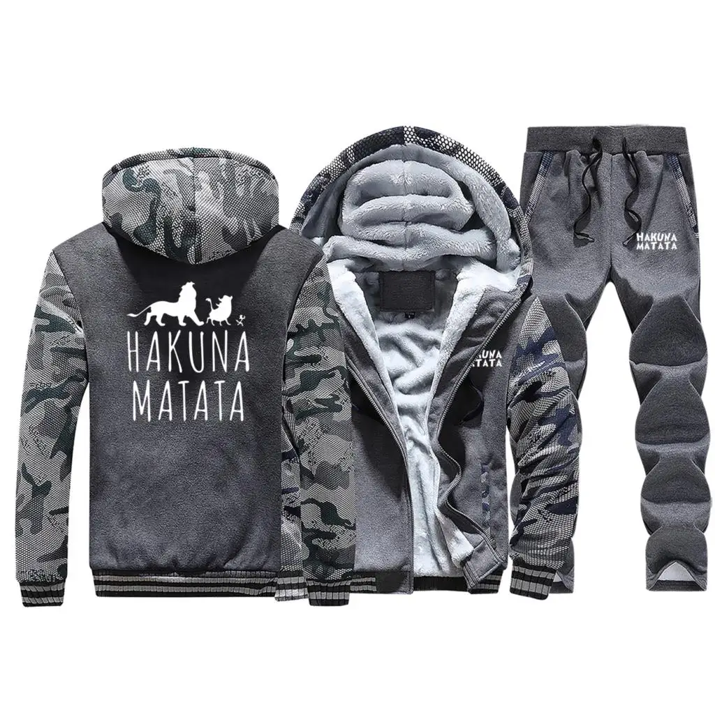 Зимняя флисовая куртка+ штаны, комплект из 2 предметов, принт HAKUNA MATATA, повседневный плотный свитшот, мужские брюки с рисунком короля льва, толстовки - Цвет: Dark Gray 5