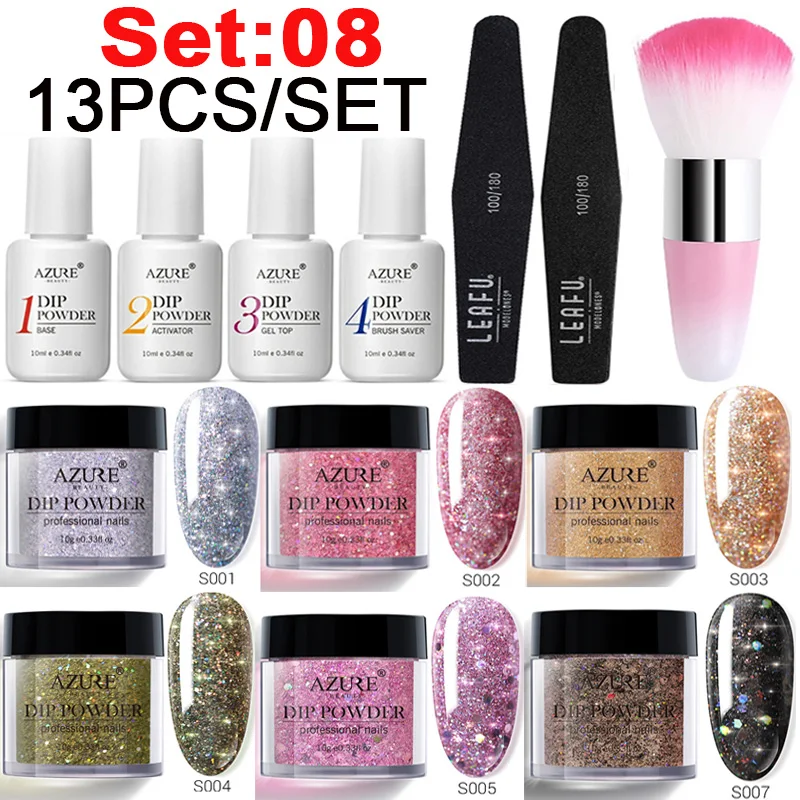 Azure Beauty 13Pcs/Lot Gradient Color Dip Powder Nail Brush Shiny Nail Dust With Base Coat Top Coat Activator Dip Powder Sets - Цвет: Set08