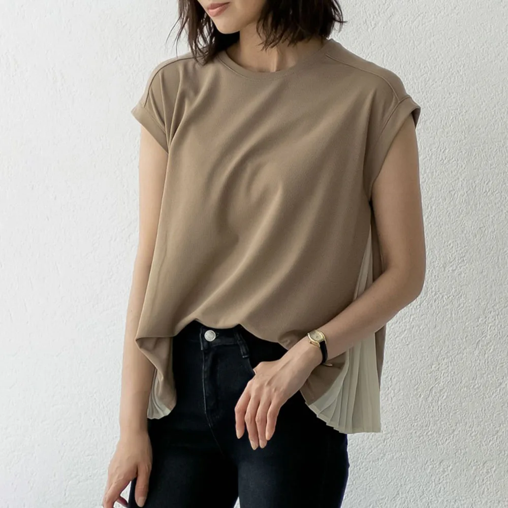 

2020 Korean Fashion New Women's Chiffon Pleated Top Causal Summer Short Sleeve Round Chic Female Shirts Women Blouse
