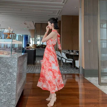 

2020 Summer Midi Dress Stand Collar Lace-up Printed Seaside Holiday Women's DressEvening Dress