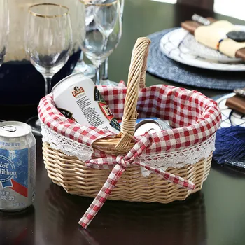 

Handmade Woven Storage Baskets Oval Rattan Container Colorful Liner High Quality Linen Fruit Flower Picnic Basket Home Decor