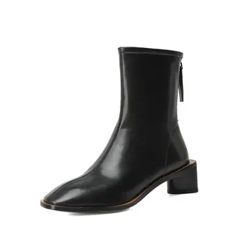 

Genuine Leather Thick med Heels boots Women Ankle Boots 2020 Autumn Winter Square Toe Party Working Shoes Woman
